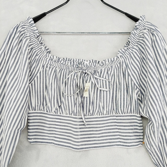 New Aerie Woven Pretty Long Sleeve Stripped Cropped Top P1794 - Picture 3 of 9